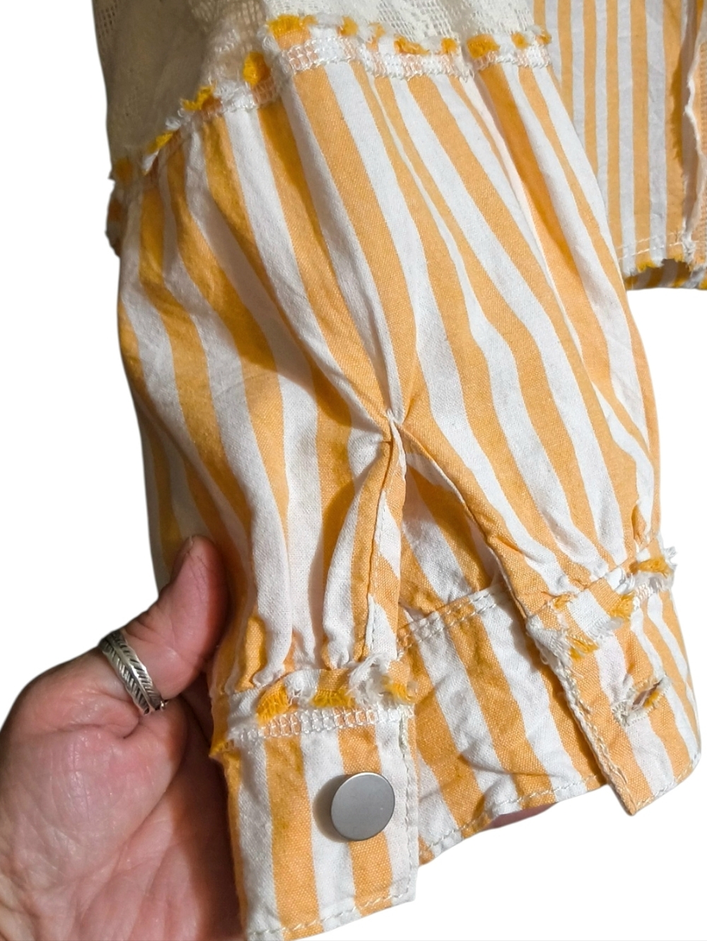 POL Yellow Stripe Blue Floral Boho Cottagecore Patchwork Shacket Top with Lace - Picture 10 of 11
